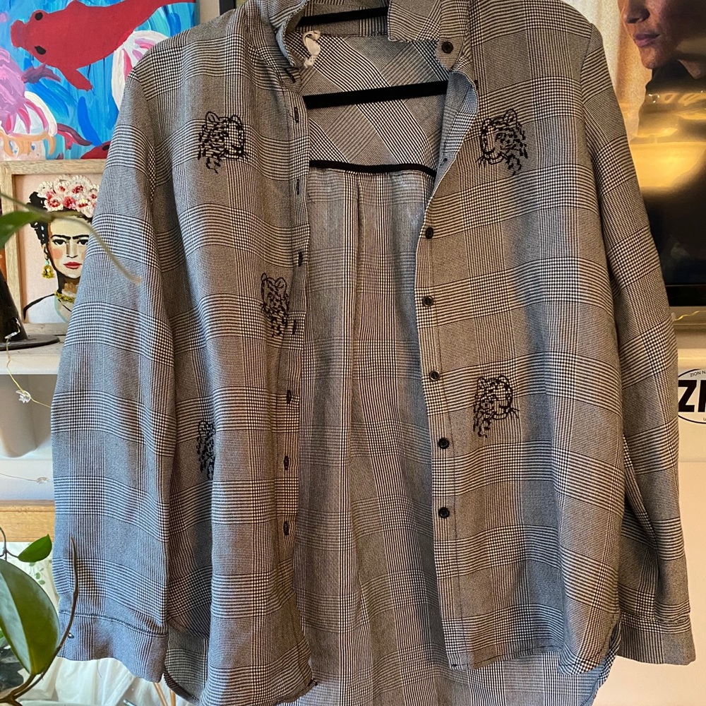 Checkered Cheetah Embroidered Top